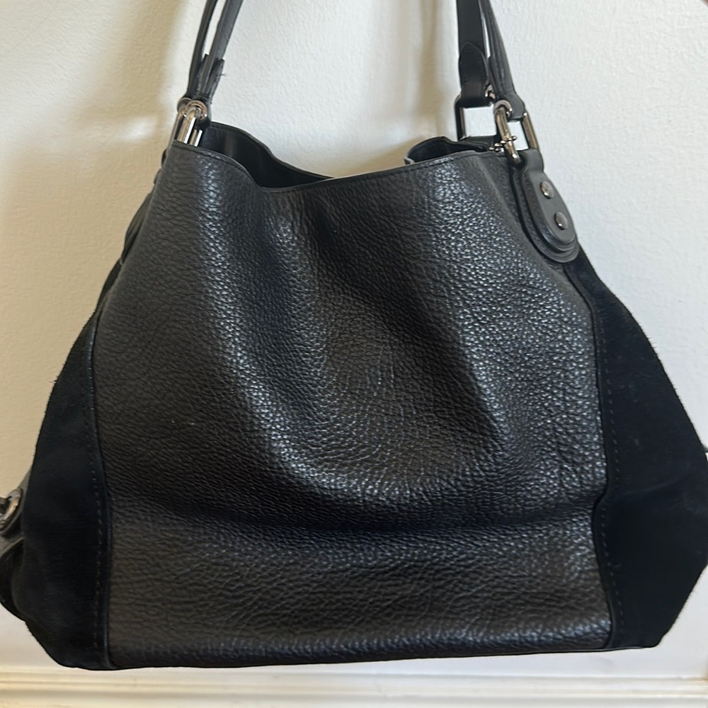 Coach 57647 Edie 42 Black Mixed Leathers Large Shoulder Bag